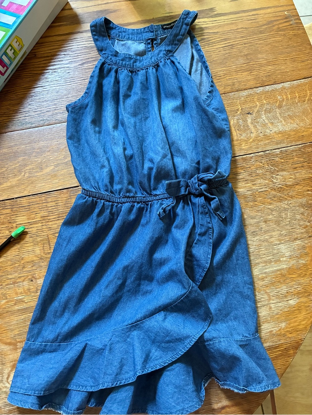 Girls Denim Sleeveless Wrap Dress with Tie 8